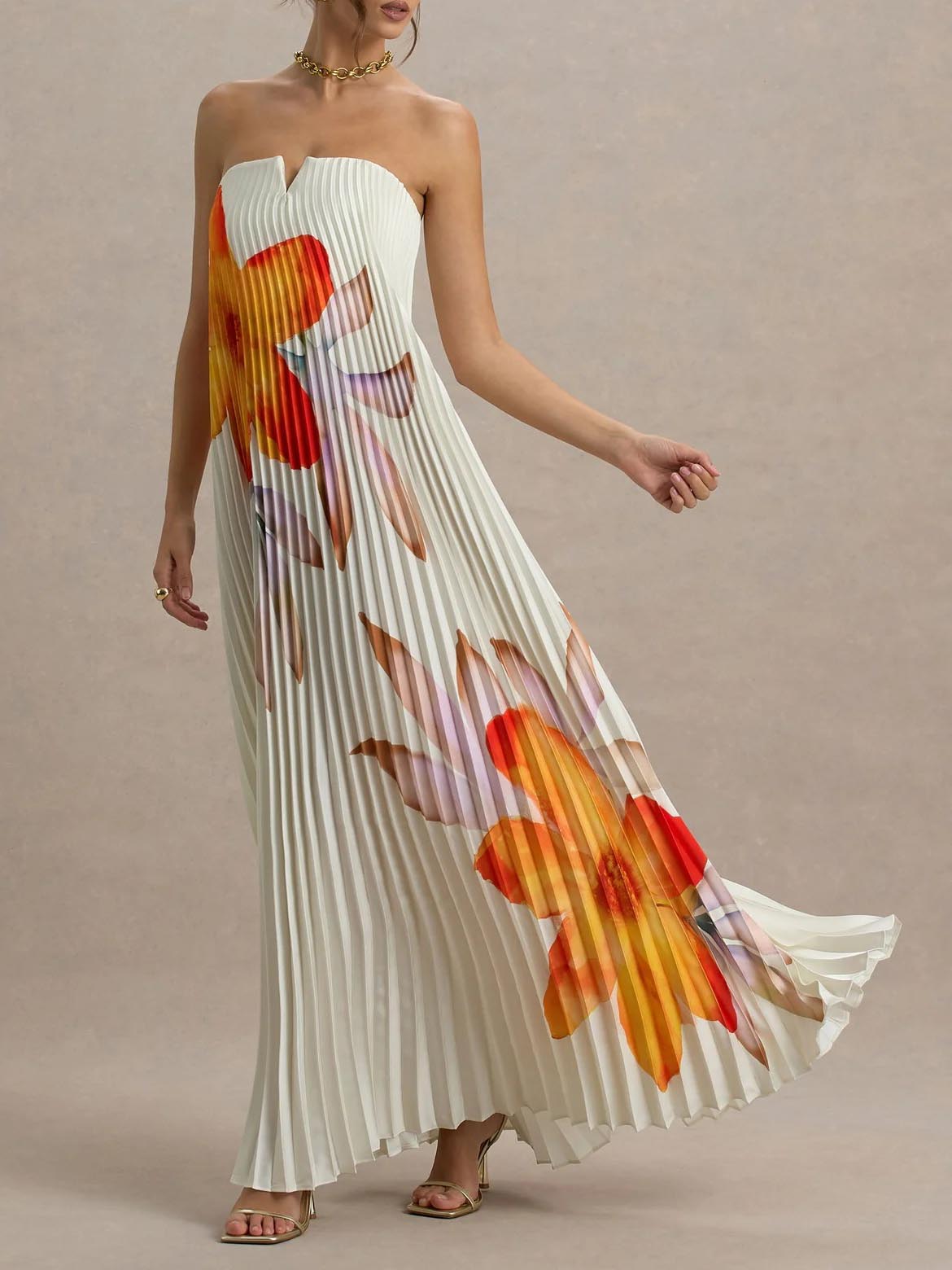 Elegant Sweetheart Orange Floral Print Pleated Maxi Dress