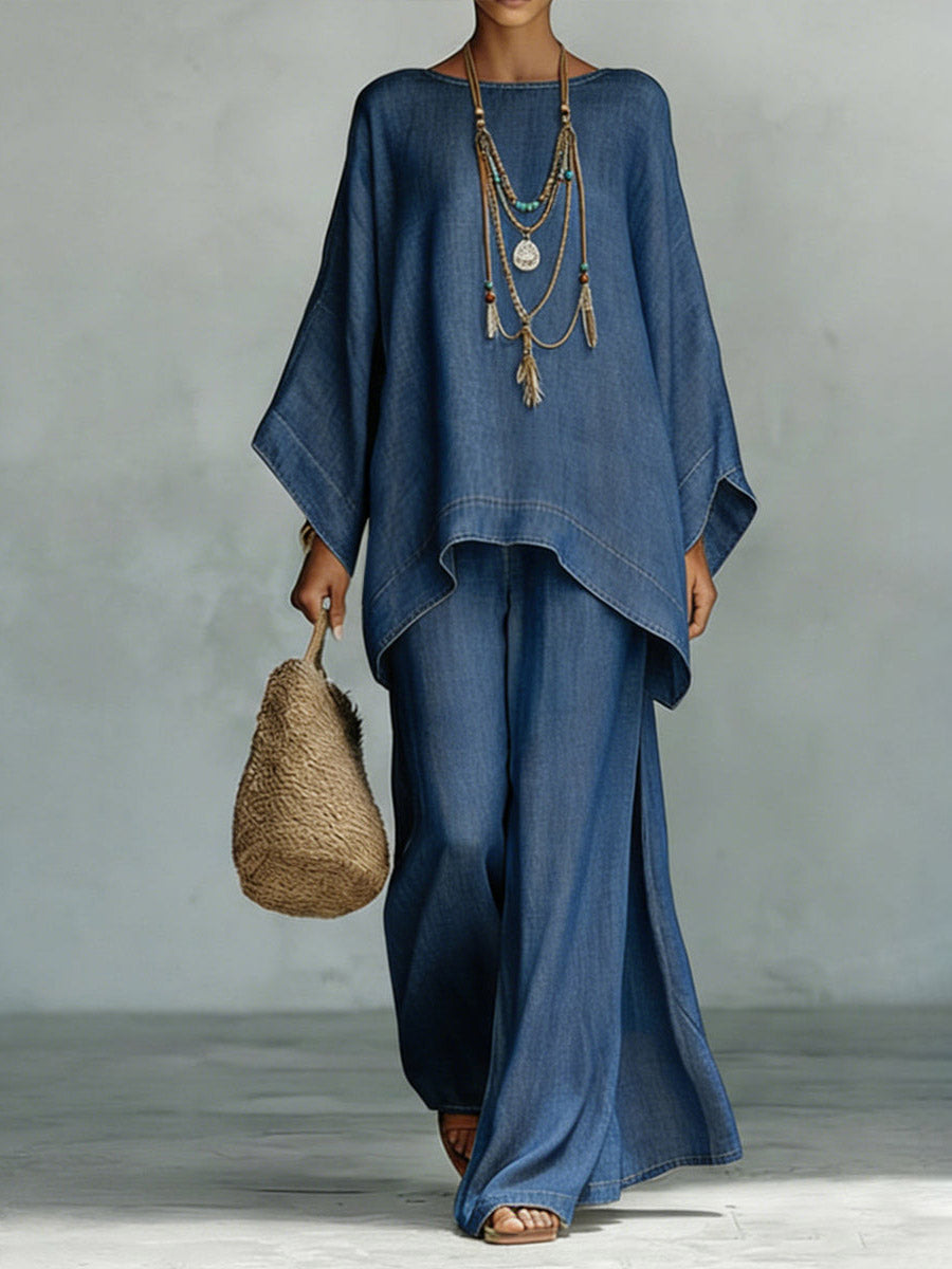Casual Denim Batwing Asymmetrical Top & Wide Leg Pants Set
