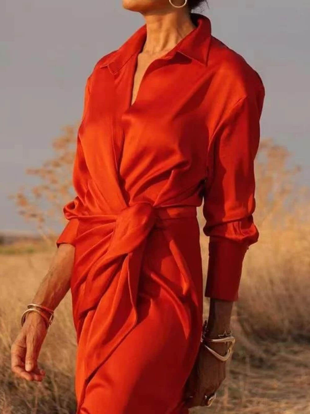 Modern Satin Wrap Shirt-Style Tie-Slit Maxi Dress