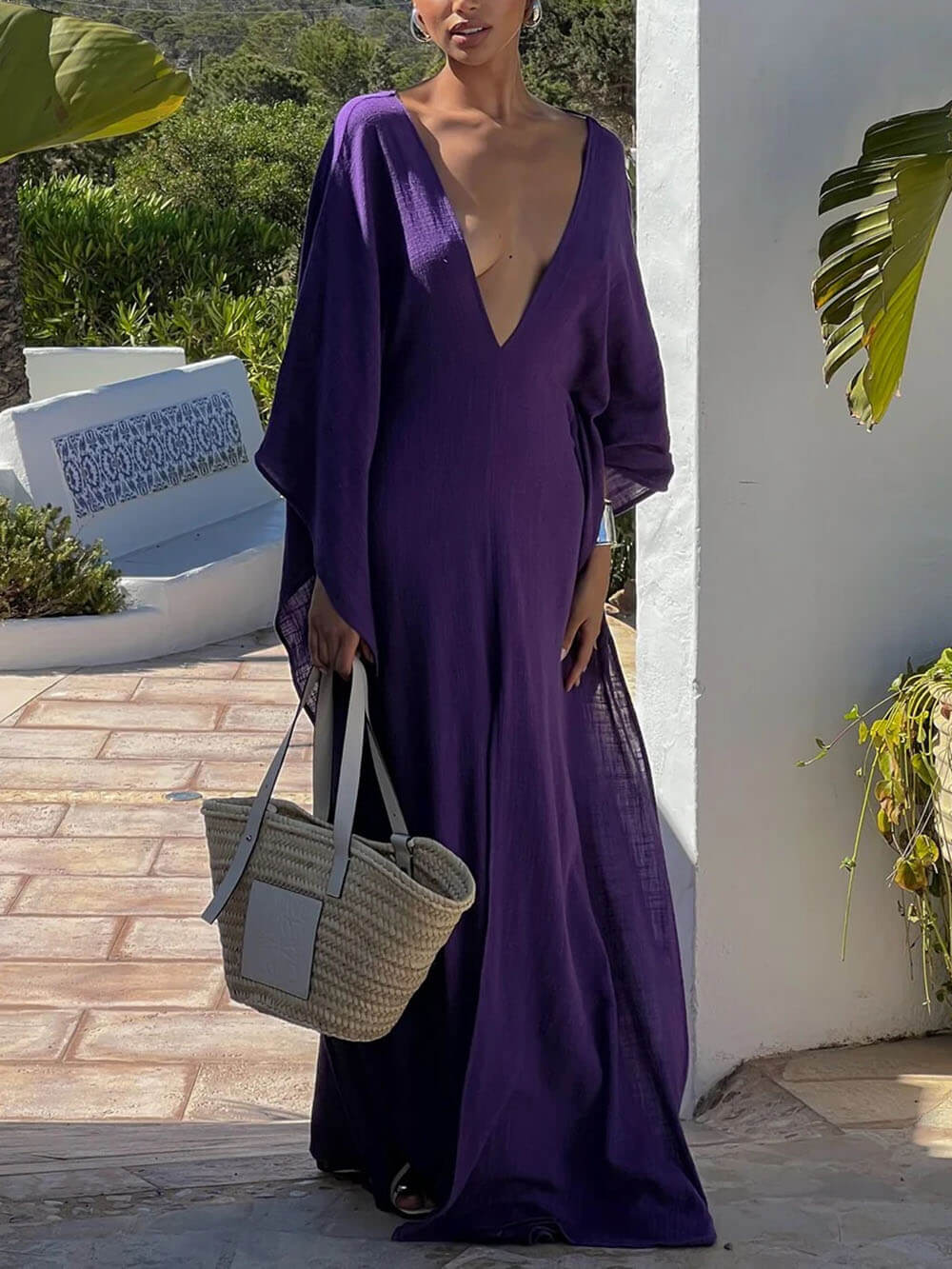 Bohemian Linen V-Neck Open-Back Loose Maxi Dress
