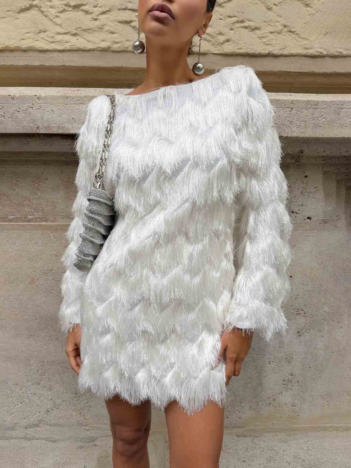 Elegant Textured Fringe Long-Sleeve Mini Dress