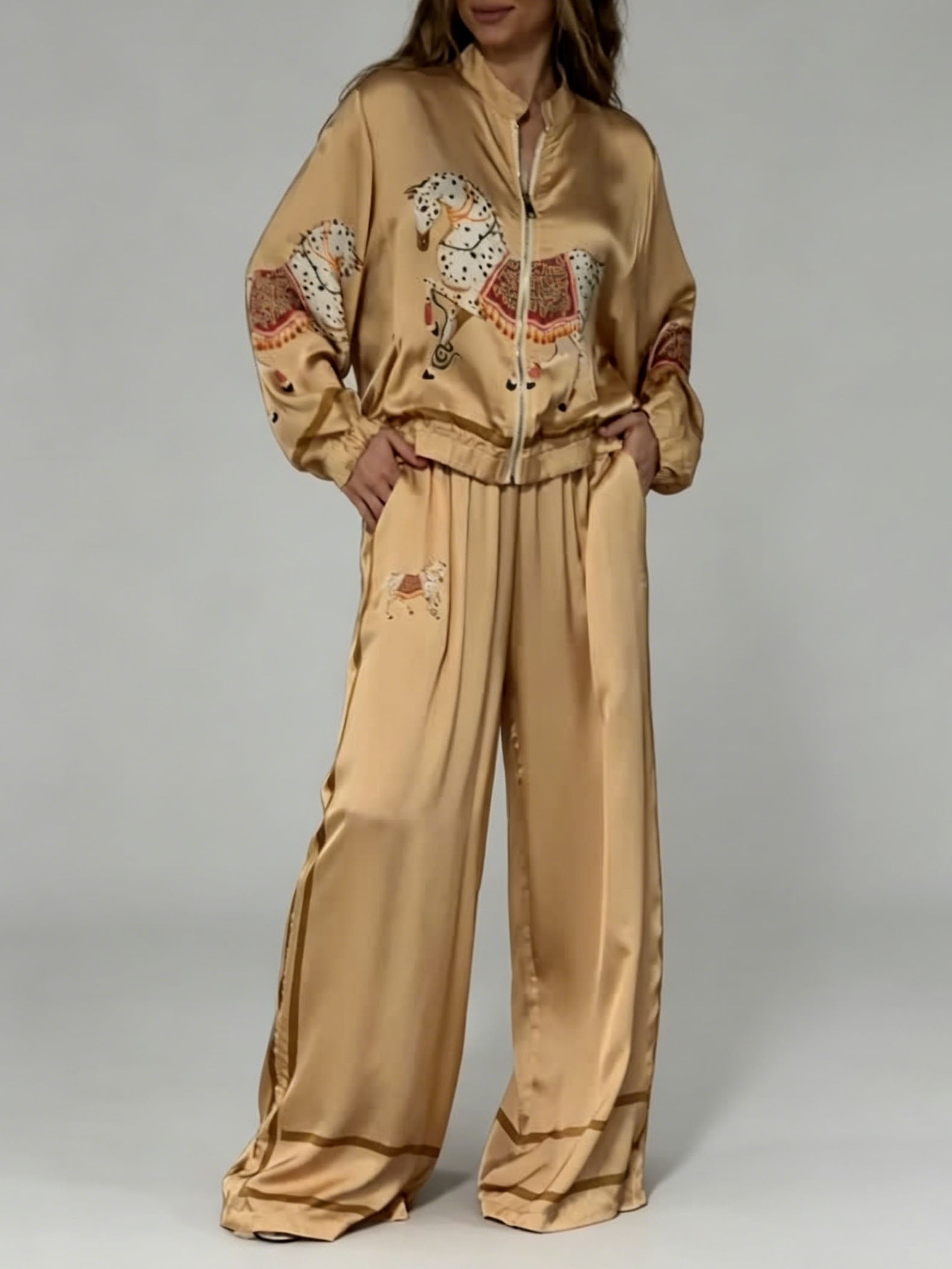 Exquisite Satin Horse Print Zip Jacket & Wide-Leg Pants Two-Piece Set