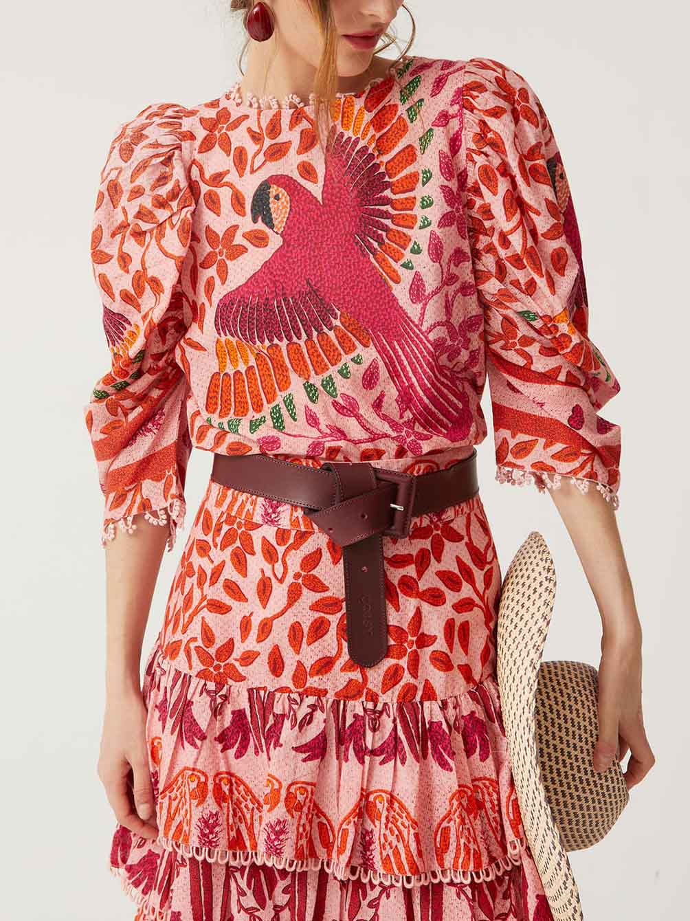 Vibrant Bird Floral Print Puff Sleeve Shirt