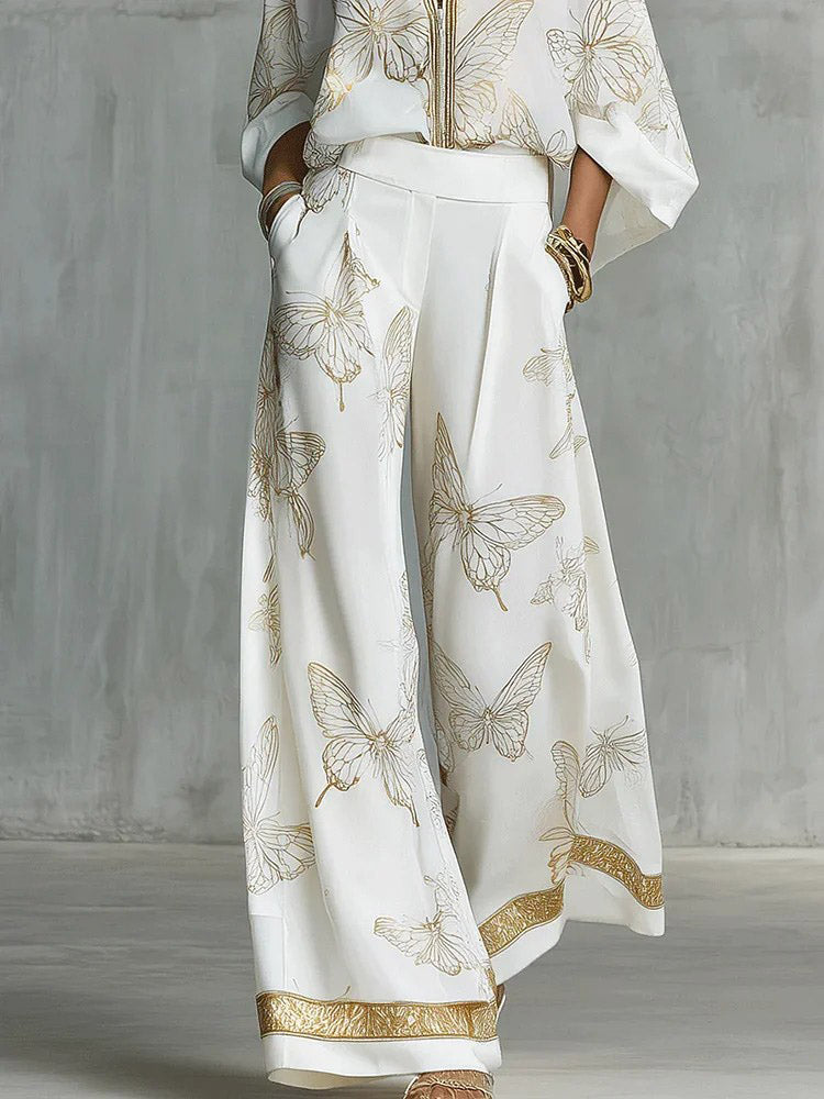 Elegant Butterfly Print Zip Shirt