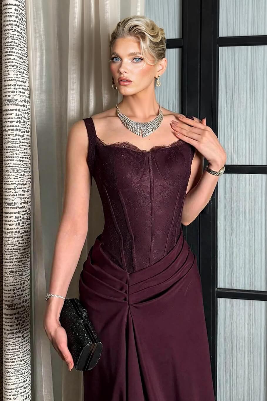 Elegant Lace With Side Slit Evening Gown Maxi Dress