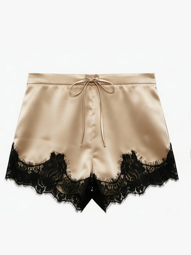 Black Puff Sleeve Top & Lace Trim Satin Shorts Set