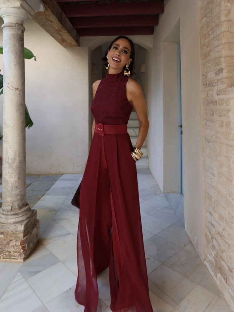 Burgundy Lace Wide-Leg Jumpsuit Set