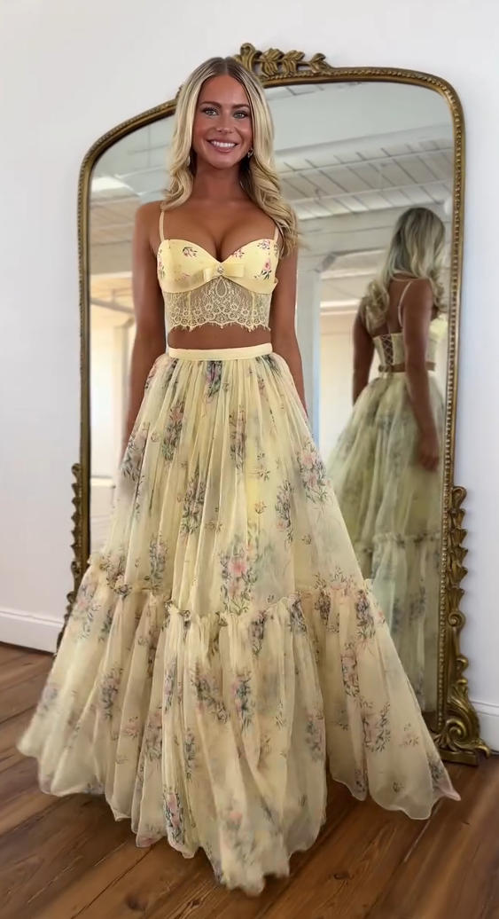 Pale Yellow Floral Print Skirt Set