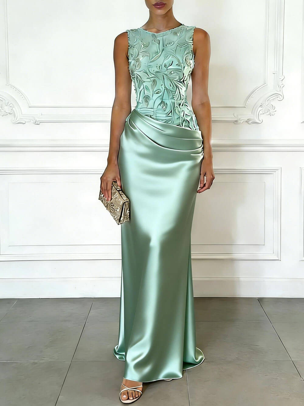 Elegant Light Pink Embroidery Satin Crew Neck Sleeveless Sheath Maxi Dress
