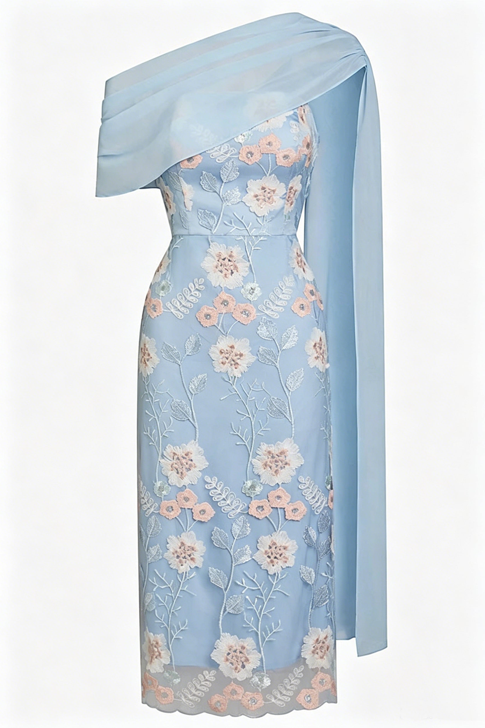 Drape Tulle One Shoulder Floral Embroidery Party Midi Dress