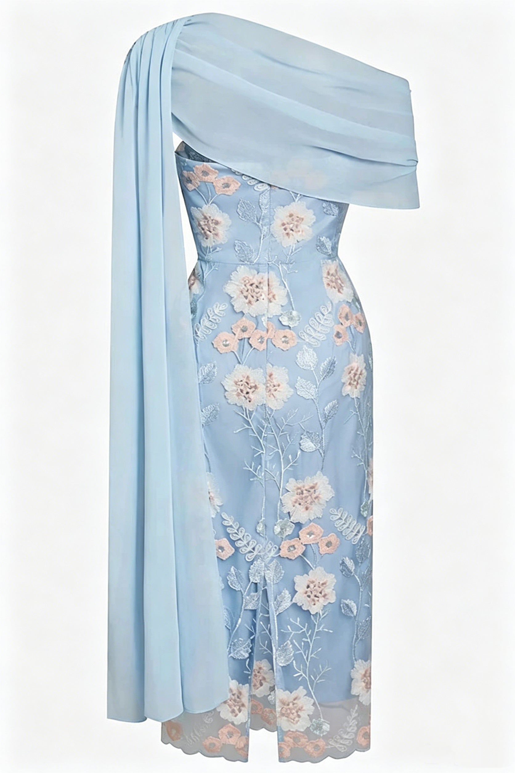 Drape Tulle One Shoulder Floral Embroidery Party Midi Dress