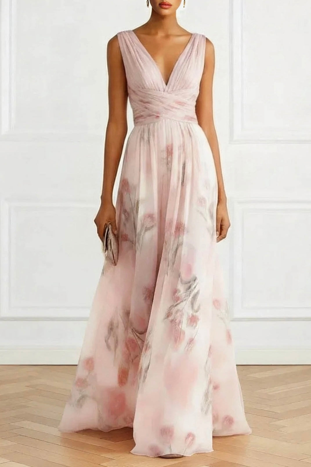 Elegant V-Neck Floral Print Tulle Maxi Dress