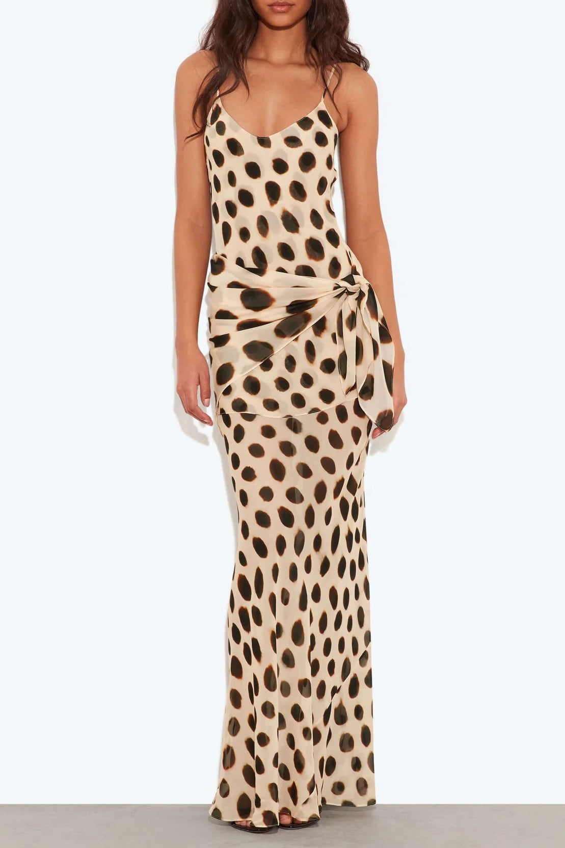 Ozias Leopard Polka Dot Pattern Scoop Neck Removable Scarf Detail Slip Maxi Dress