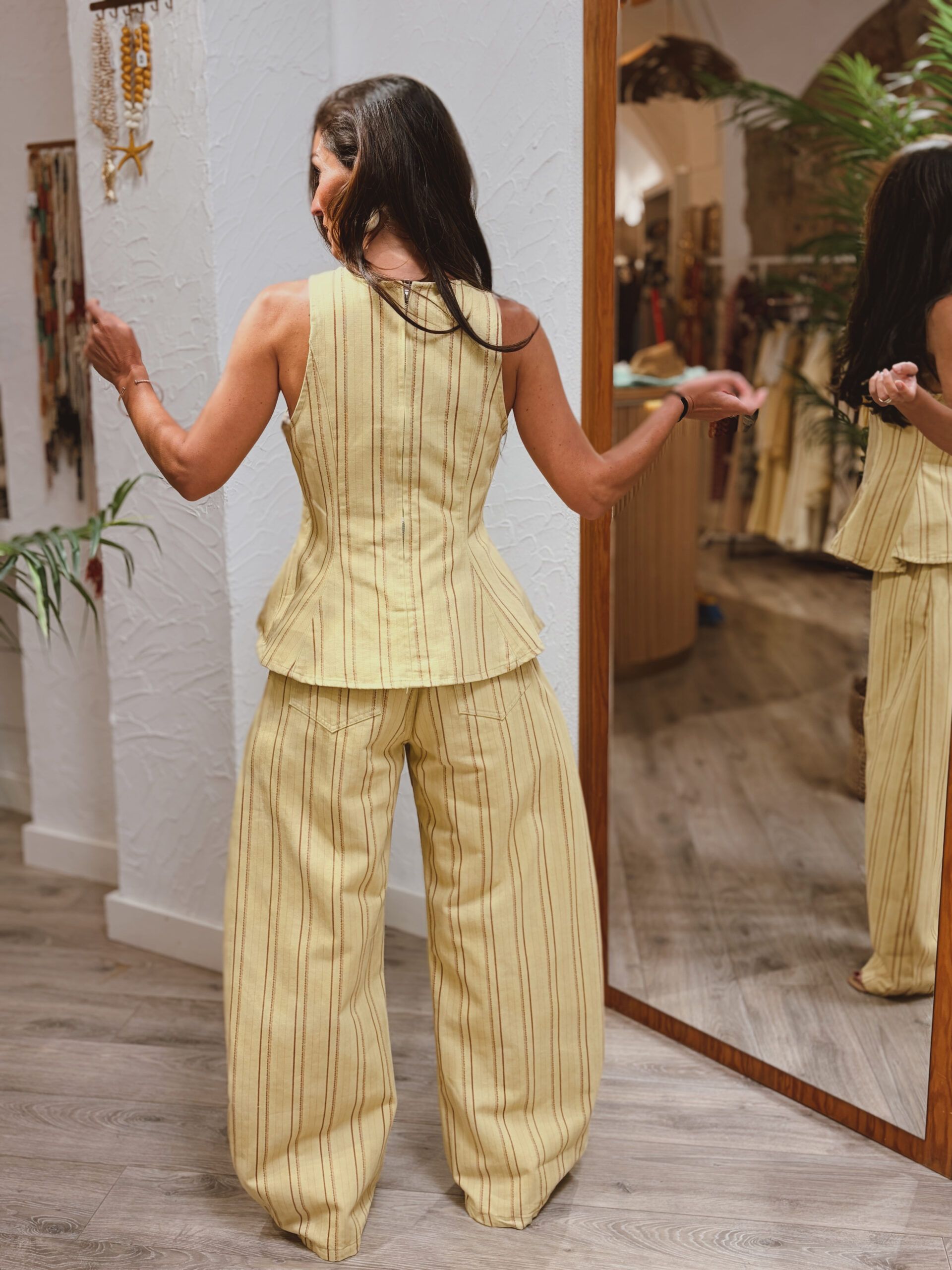 Yellow Striped Peplum Top & Wide-Leg Pants Set