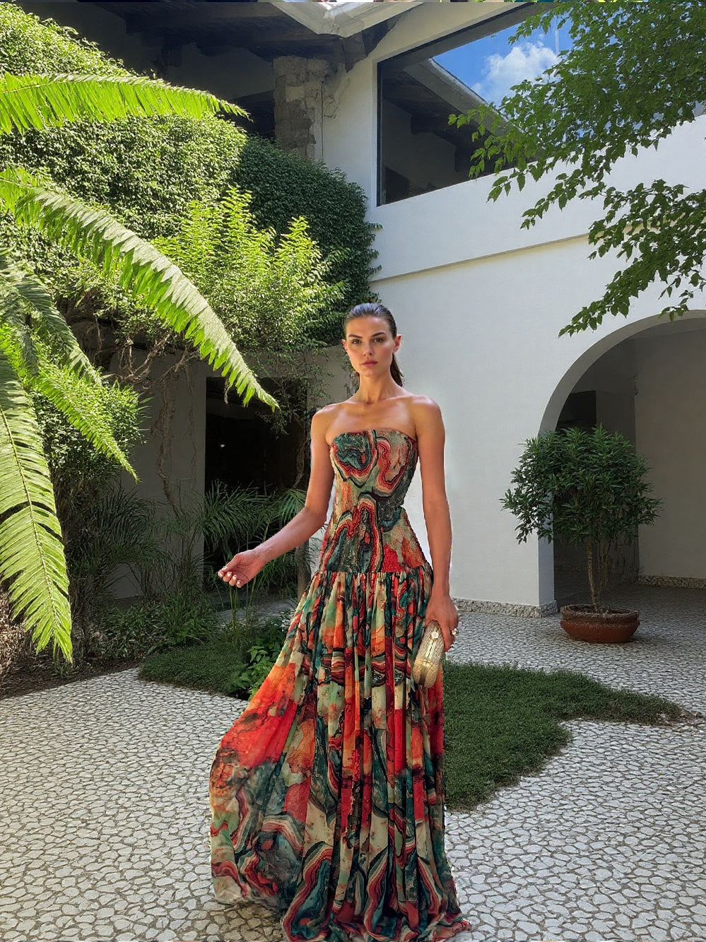 Elegant Wrap Neckline Abstract Print Maxi Dress