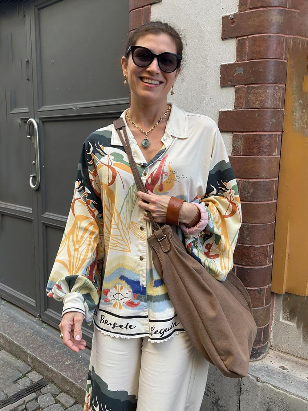 Modern Unique Satin Landscape Print Elastic Waist Pocket Wide Leg Pants