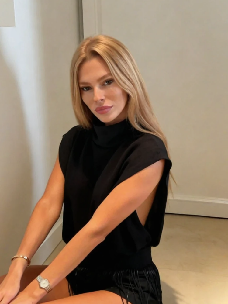 Black High Neck Cutout Fringe Shorts Set