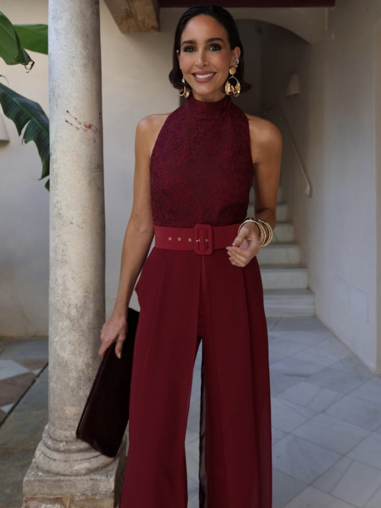 Burgundy Lace Wide-Leg Jumpsuit Set