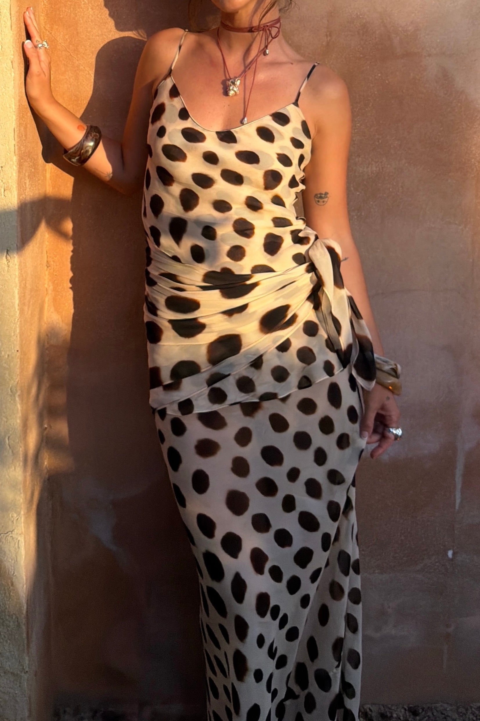 Ozias Leopard Polka Dot Pattern Scoop Neck Removable Scarf Detail Slip Maxi Dress