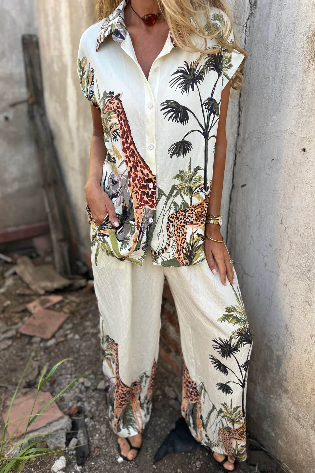 Unique Jungle Print Elastic Waist Pocket Wide-Leg Pants