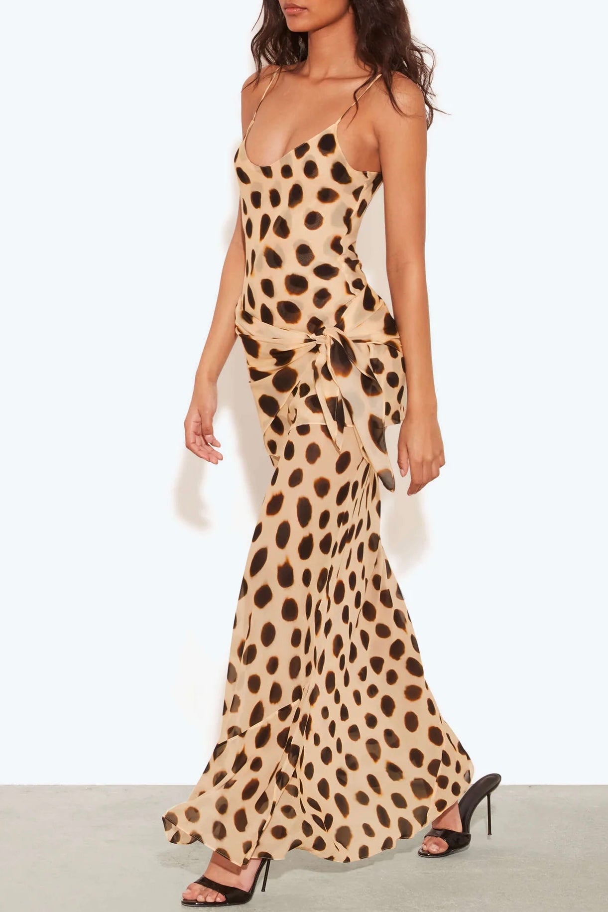Ozias Leopard Polka Dot Pattern Scoop Neck Removable Scarf Detail Slip Maxi Dress