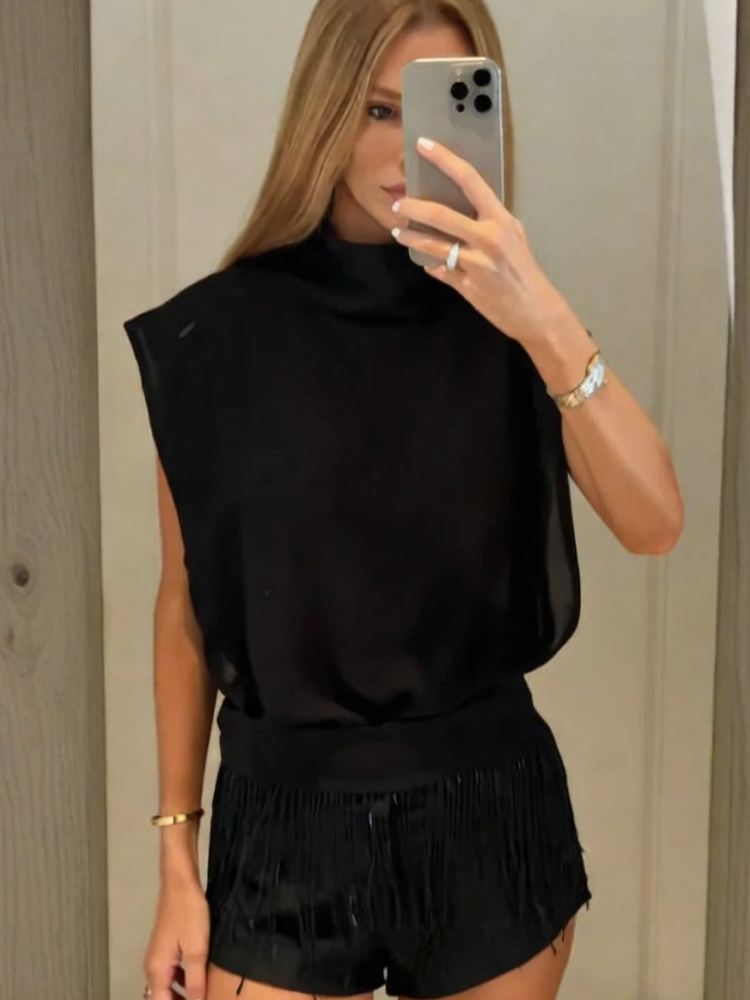 Black High Neck Cutout Fringe Shorts Set