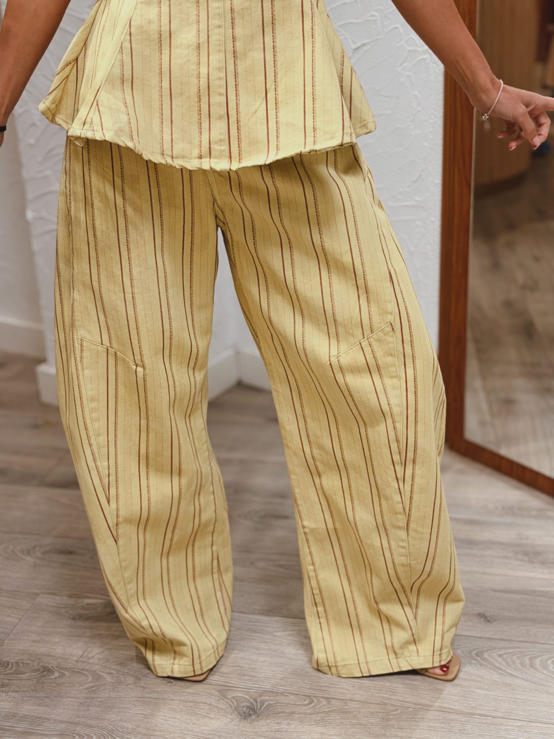 Yellow Striped Peplum Top & Wide-Leg Pants Set