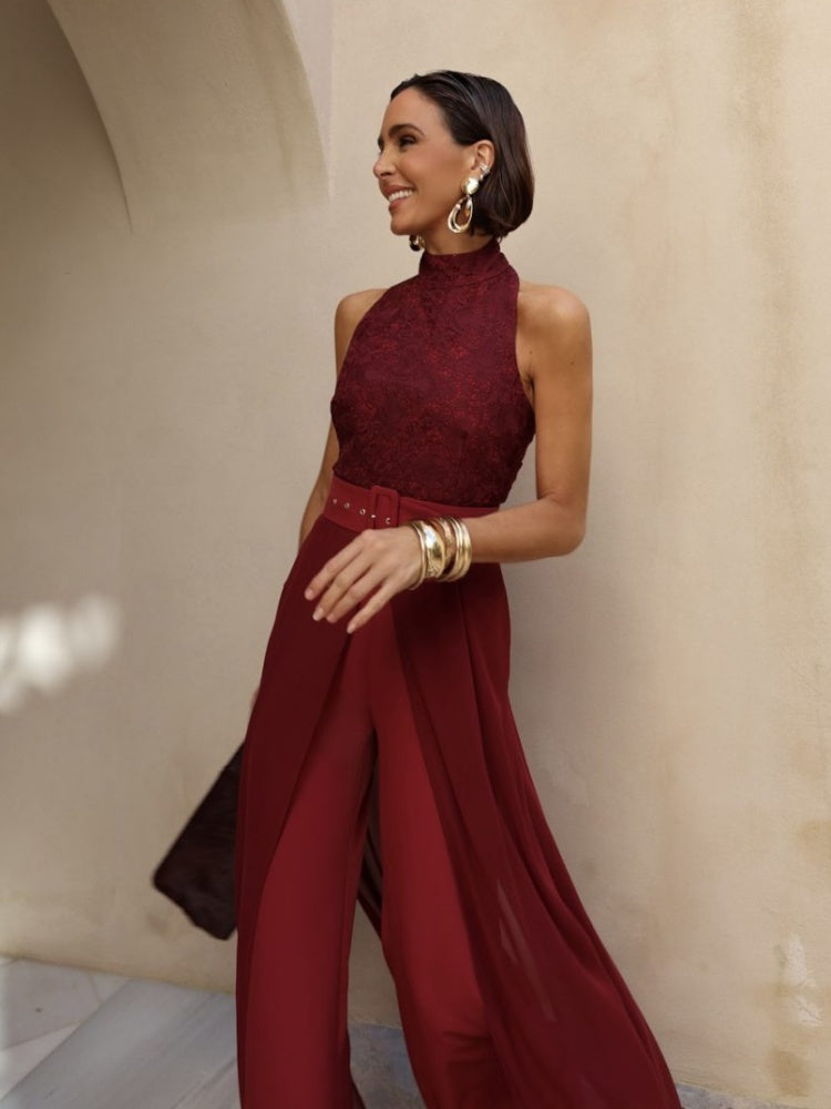 Burgundy Lace Wide-Leg Jumpsuit Set