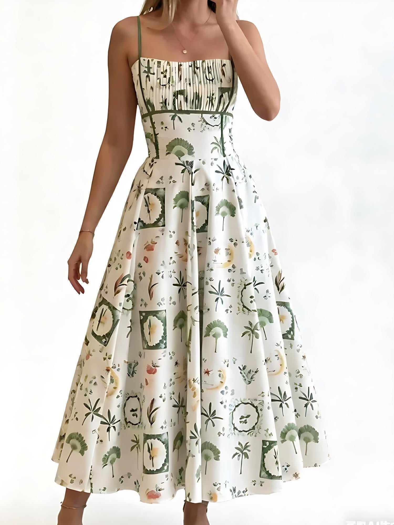 Green Botanical Print Smocked Midi Dress