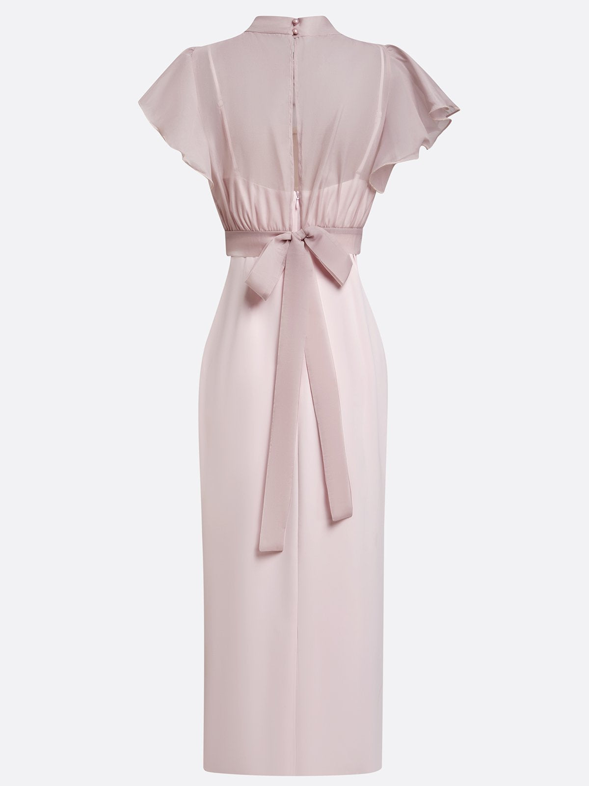 Sheer High-Neck Ruffle Sleeve Back Tie-up Top and Slip Ruched Midi Dress Two Pieces Set