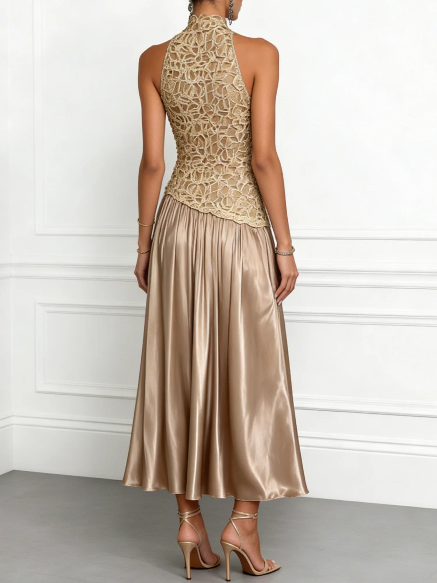 Elegant Backless Lace Satin Maxi Dress