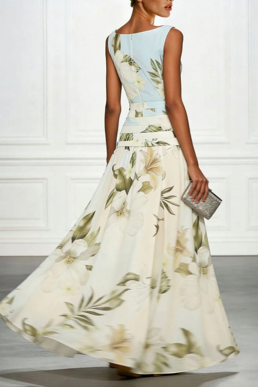 Fresh Sleeveless Boat Neck Printed Party Maxi Dress