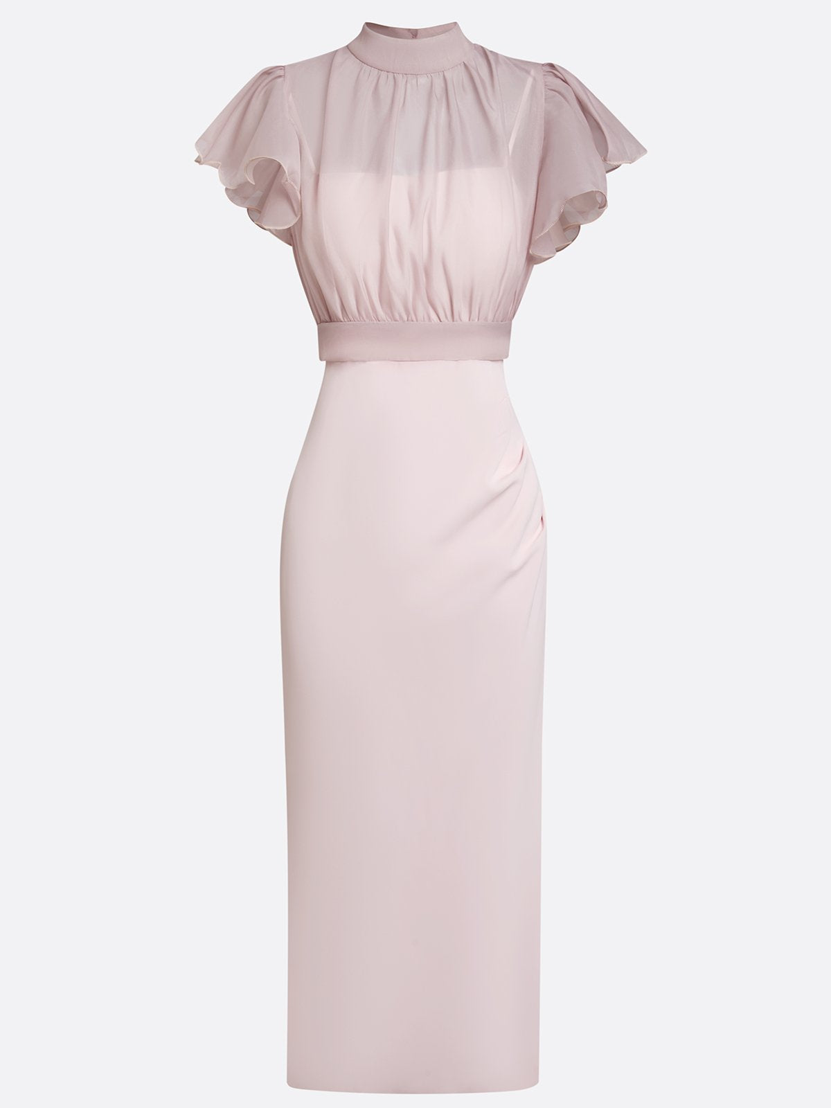 Sheer High-Neck Ruffle Sleeve Back Tie-up Top and Slip Ruched Midi Dress Two Pieces Set