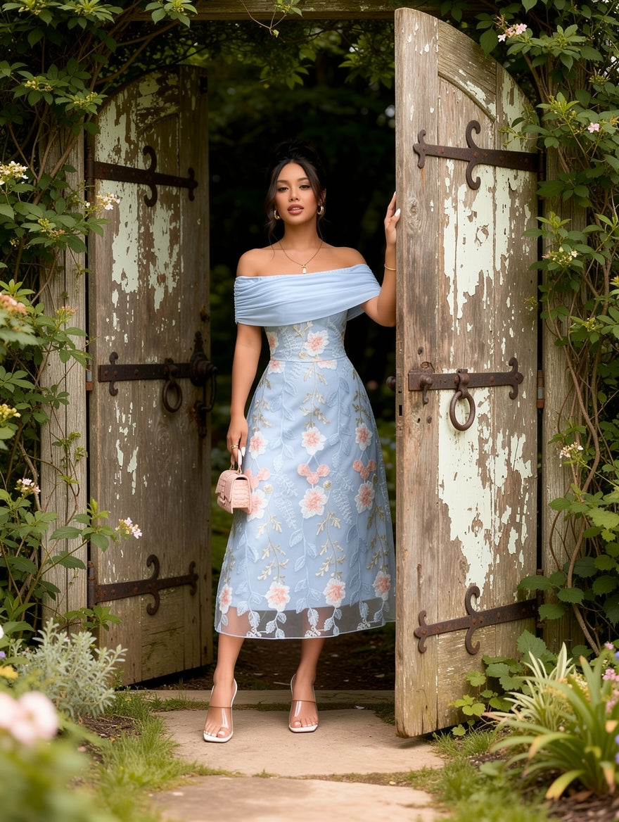 Drape Tulle  Floral Embroidery Party Midi Dress
