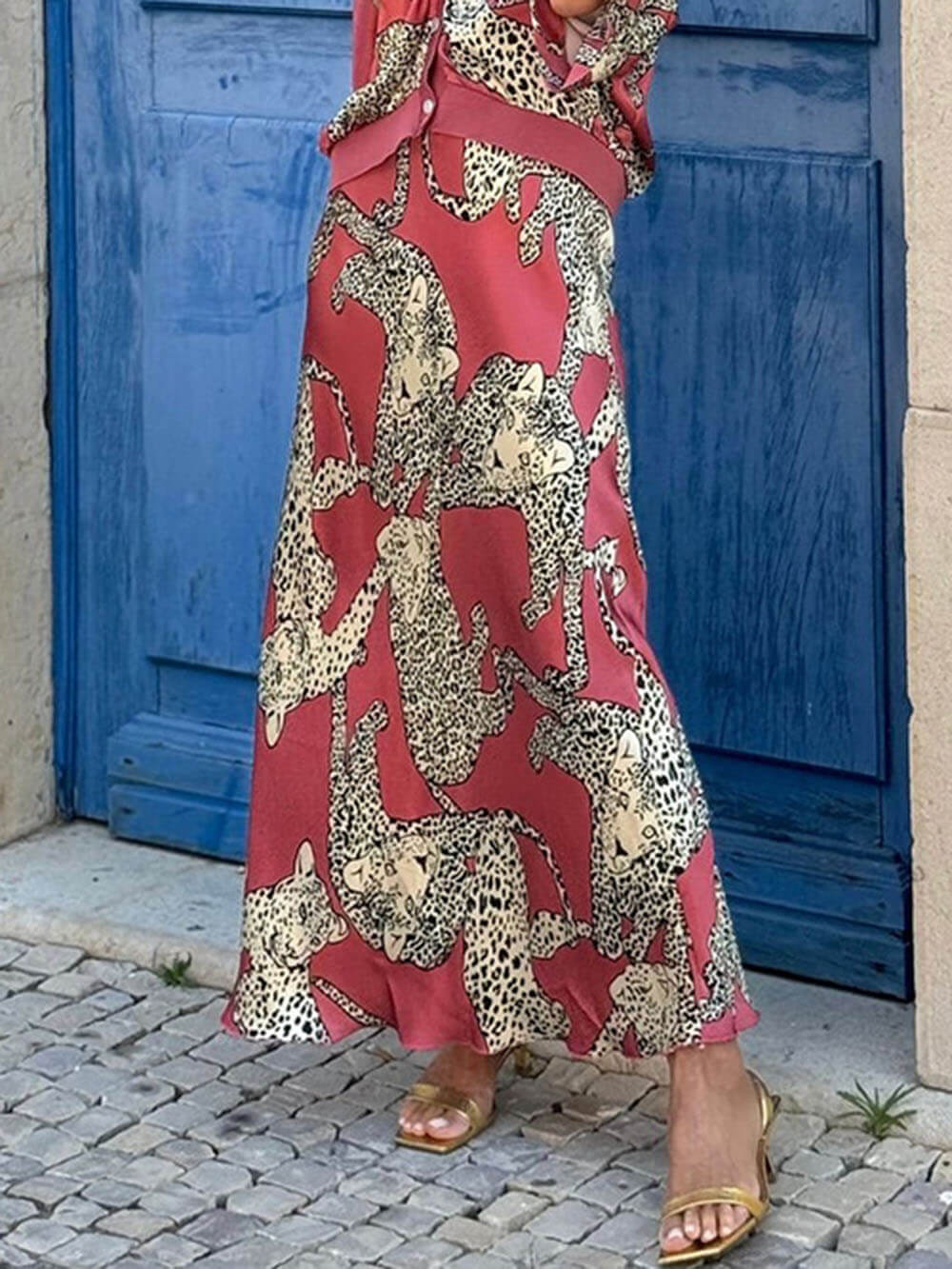 Modern Feel Unique Abbie Satin Tiger Print High Rise Elastic Waist Maxi Skirt