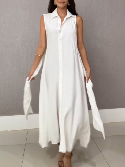 Unique Shirt Style Single-breasted Tie Midi Dress