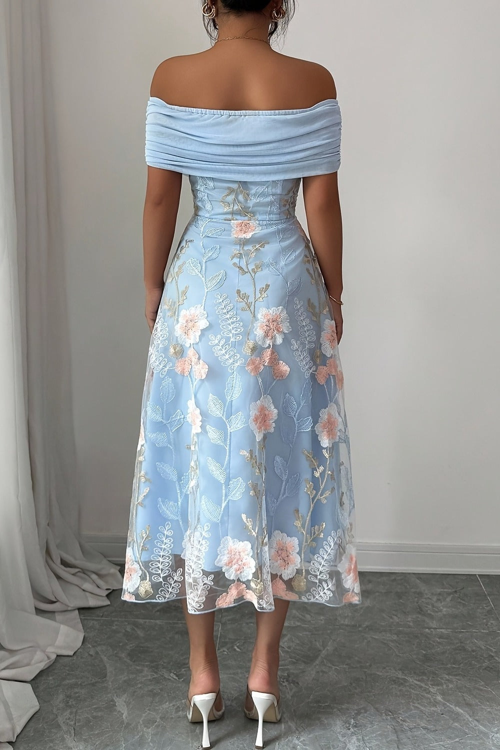 Drape Tulle  Floral Embroidery Party Midi Dress
