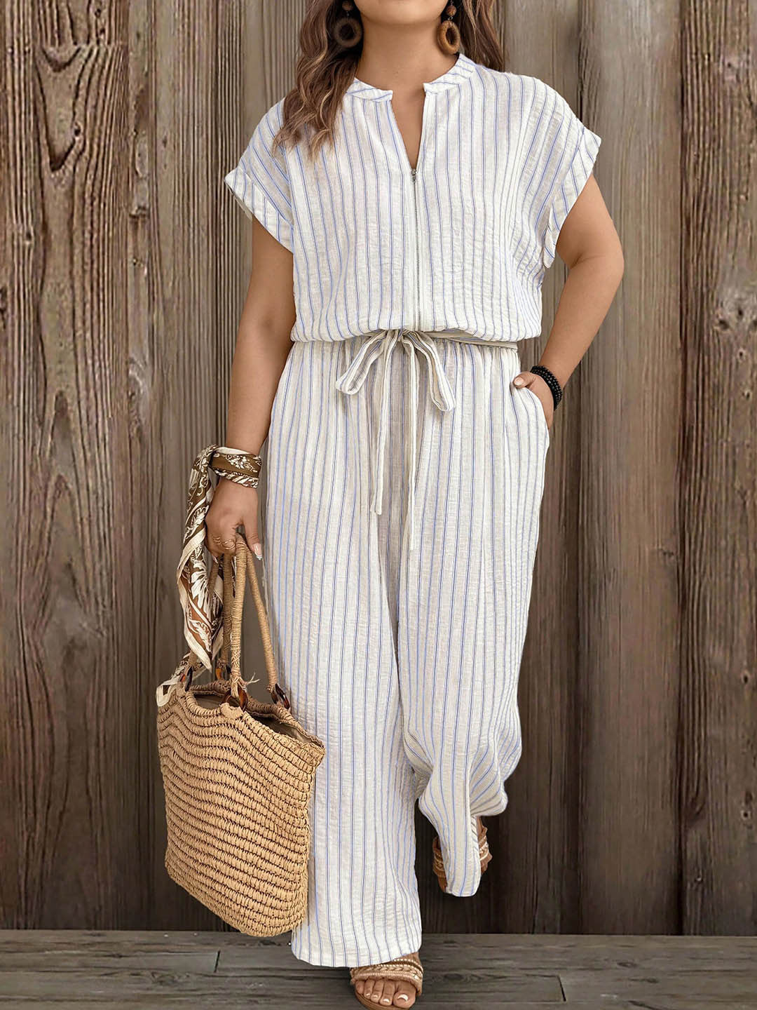 Casual Striped Front-Zip Drawstring Waist Loose-Fit Jumpsuit
