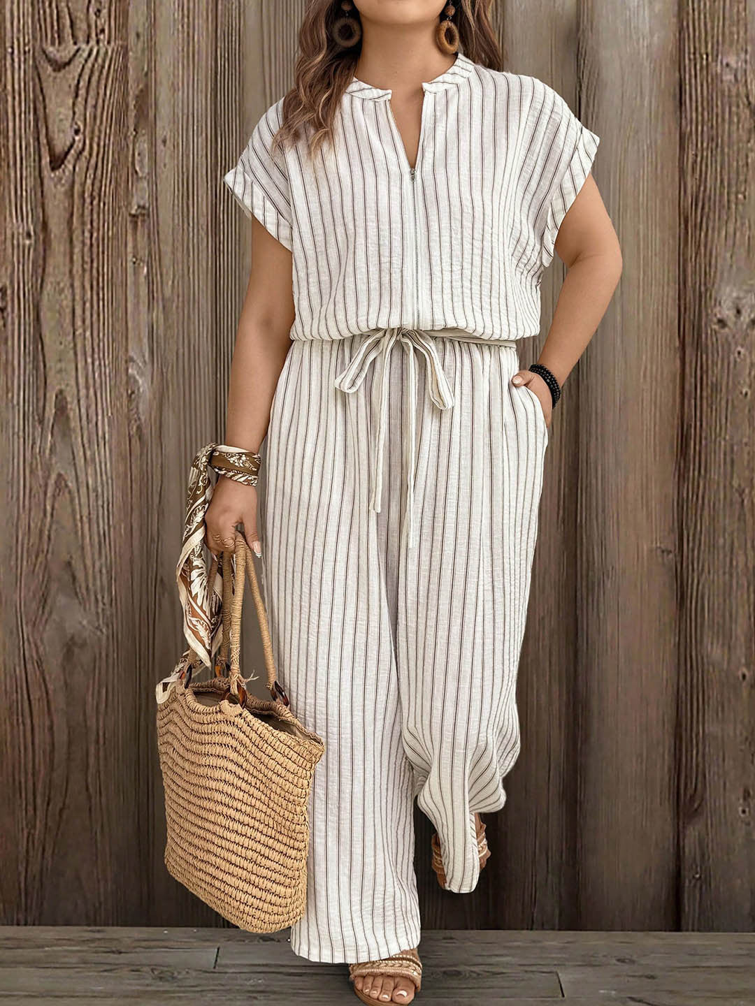 Casual Striped Front-Zip Drawstring Waist Loose-Fit Jumpsuit