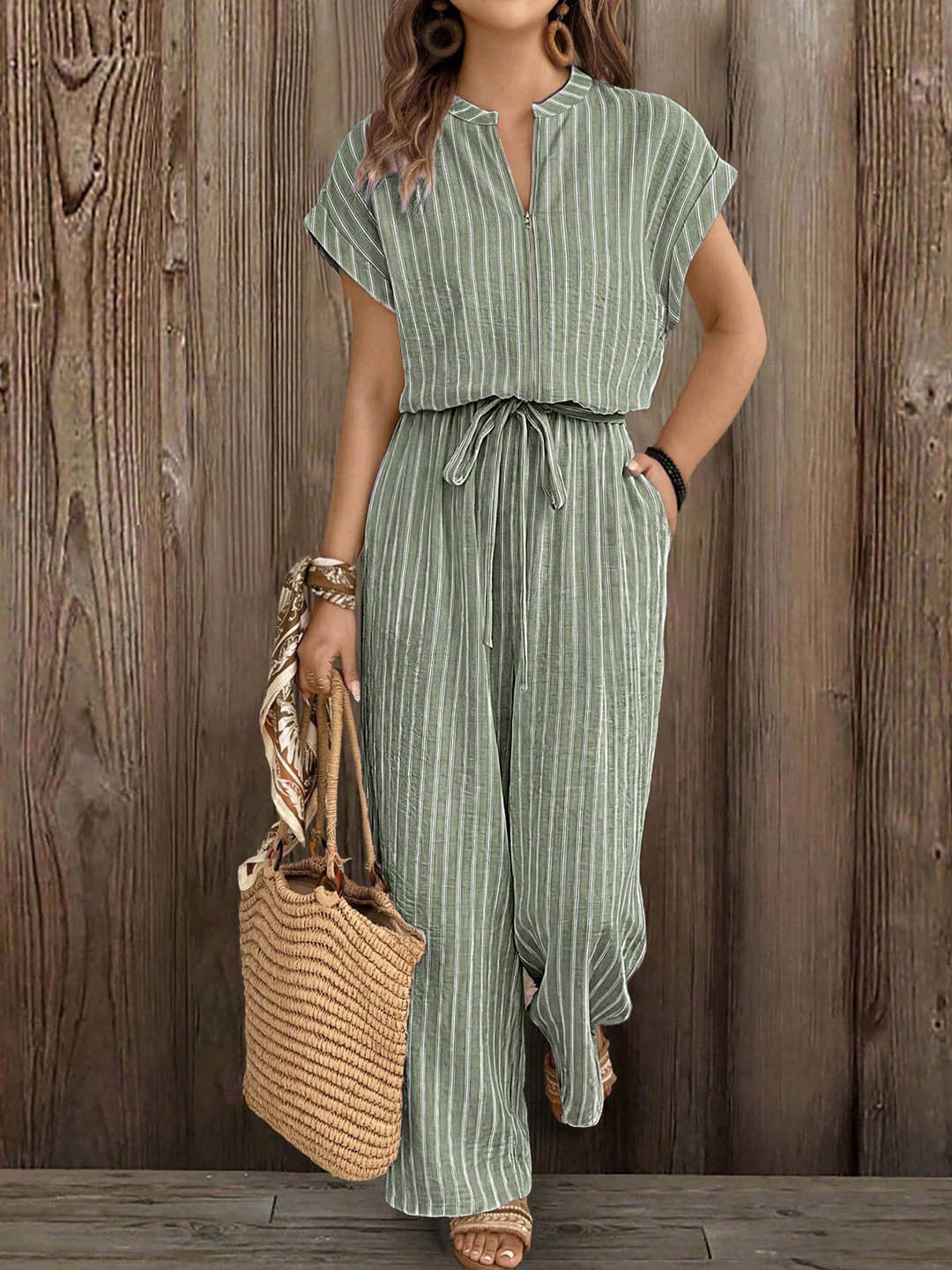 Casual Striped Front-Zip Drawstring Waist Loose-Fit Jumpsuit