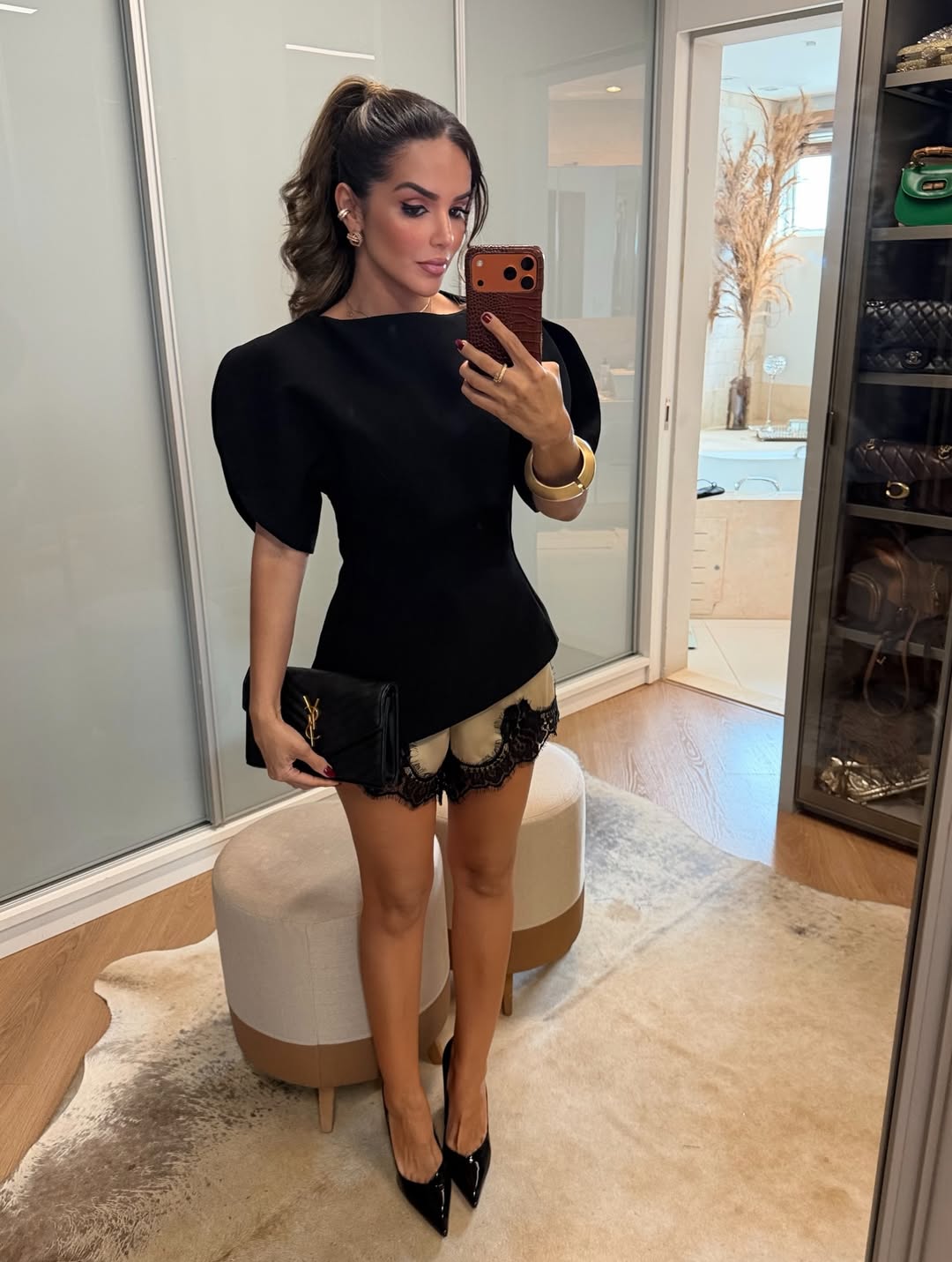 Black Puff Sleeve Top & Lace Trim Satin Shorts Set