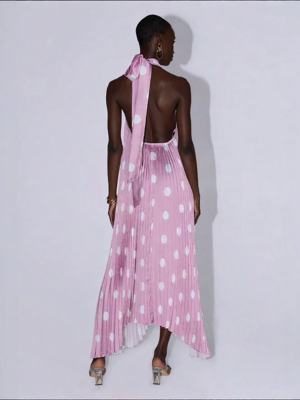 Pink Polka Pleated Halter Gown
