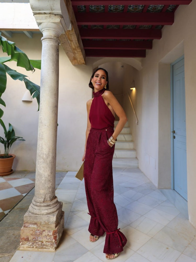 Burgundy Lace Wide-Leg Jumpsuit Set